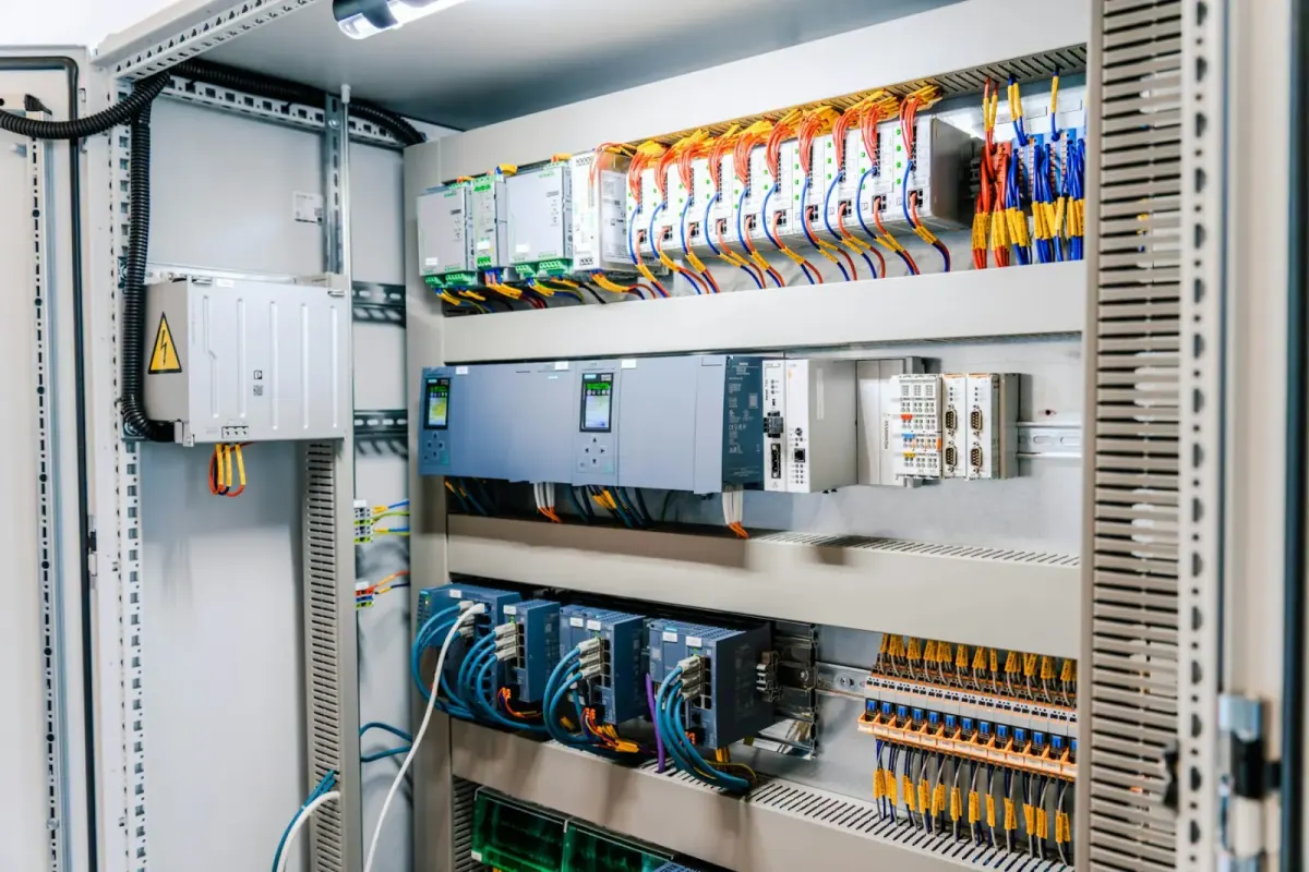 Armoire électrique industrielle ouverte avec automate, modules d’automatisme et borniers câblés