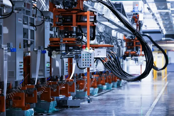 Cellules robotisées et faisceaux de câbles dans une usine de production